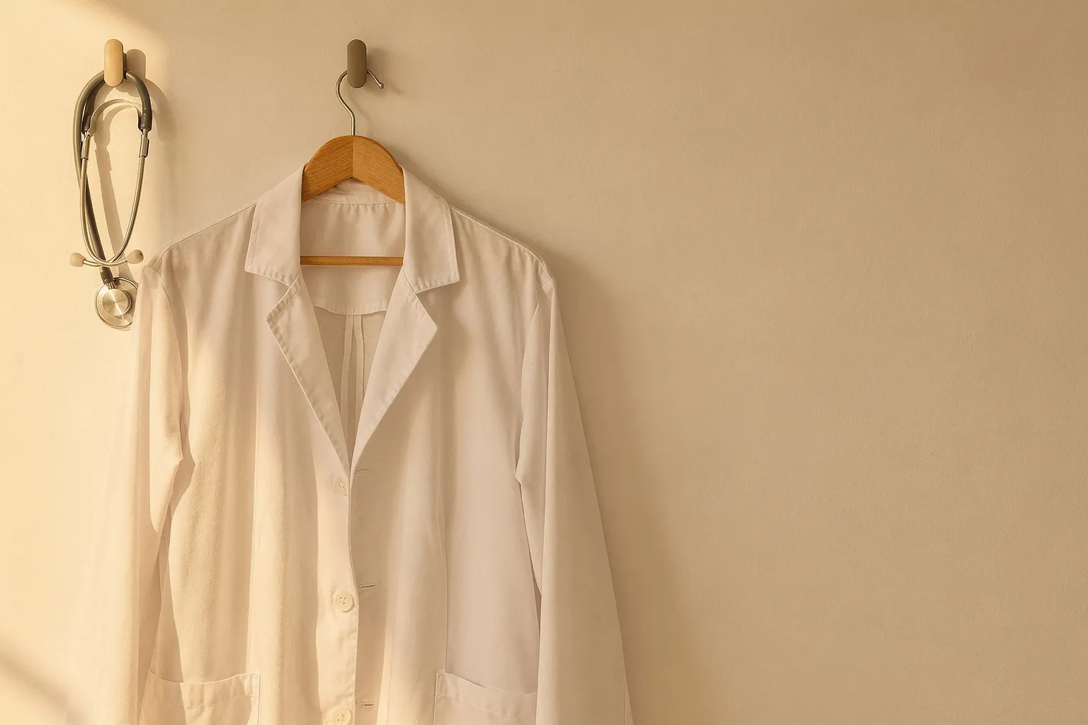 Bata blanca y fonendoscopio colgados en la pared de una consulta
