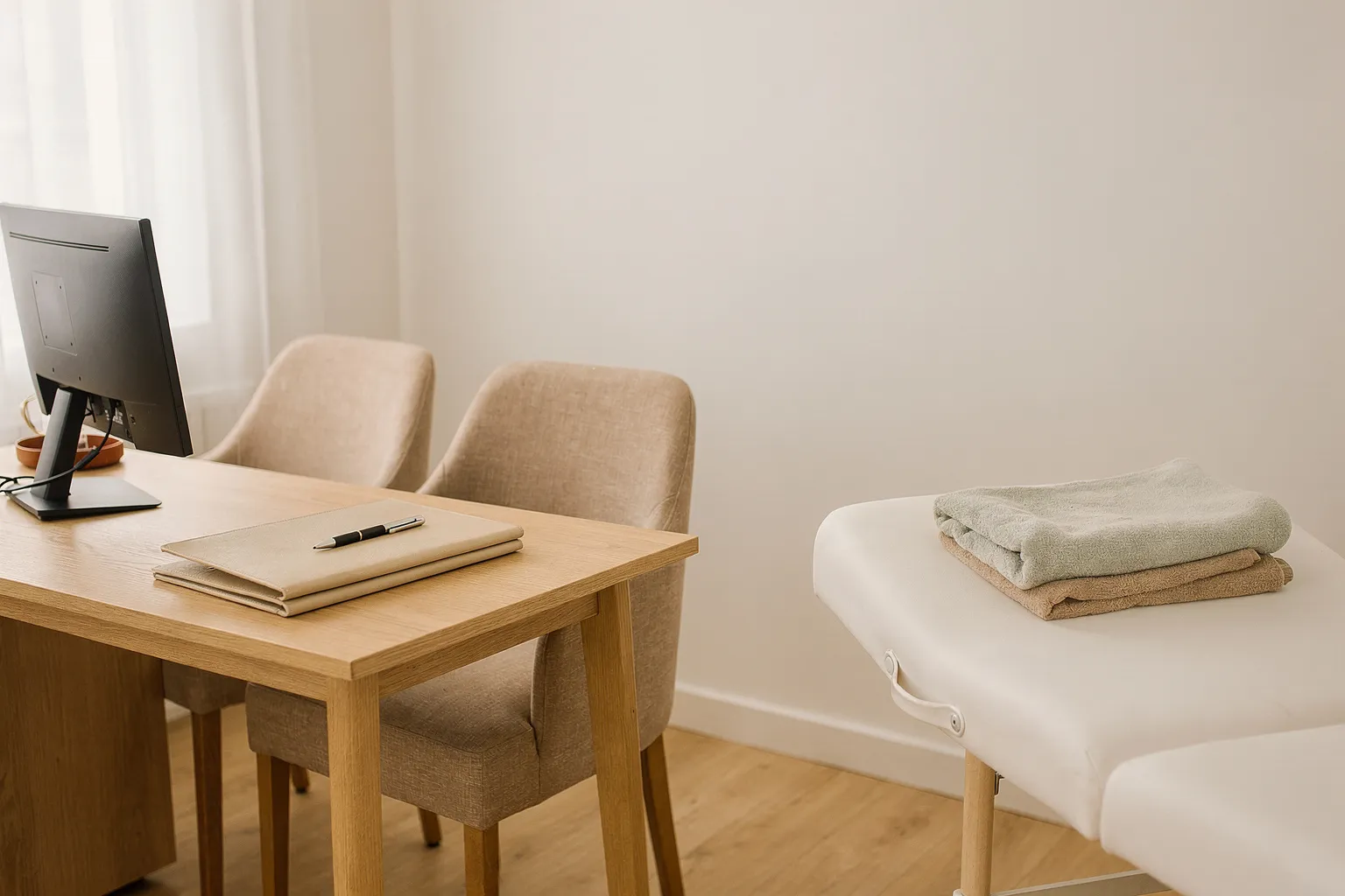 Consulta médica con mesa de madera, dos sillas y camilla de exploración