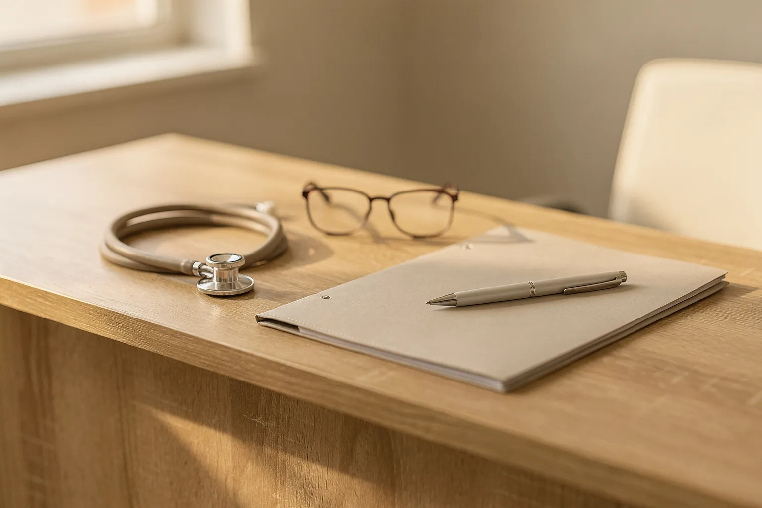 Fonendoscopio, gafas y carpeta cerrada sobre una mesa de madera