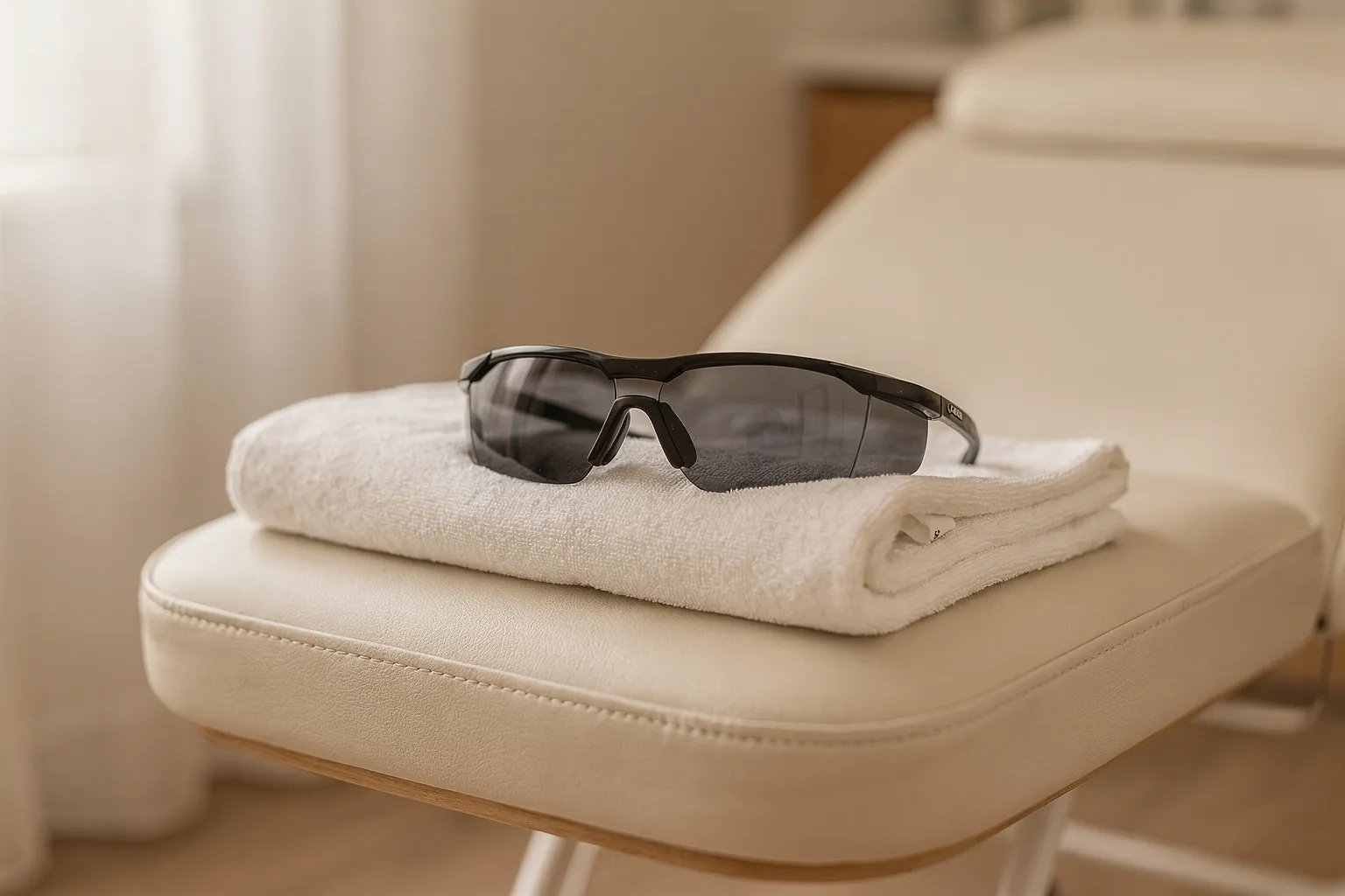 Protectores de ojos y gafas de láser sobre la toalla de la camilla